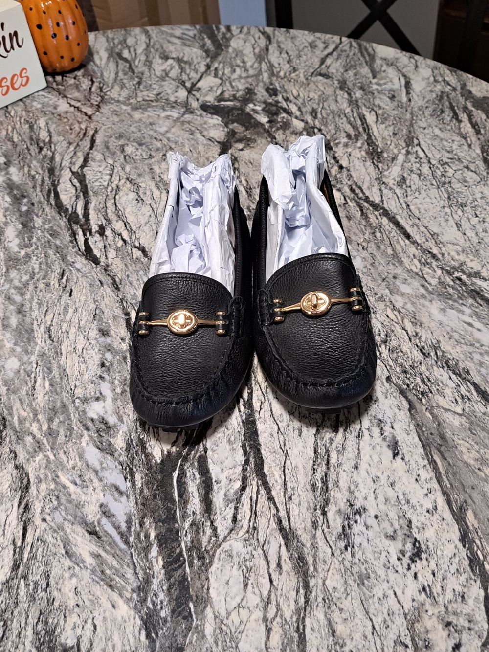 COACH Women's Crosby Driver Turnlock Black Pebbled Loafer Flats EUC